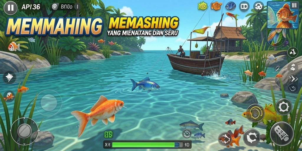 Tampilan gameplay API36 yang menggembirakan saat memancing di lokasi indah.