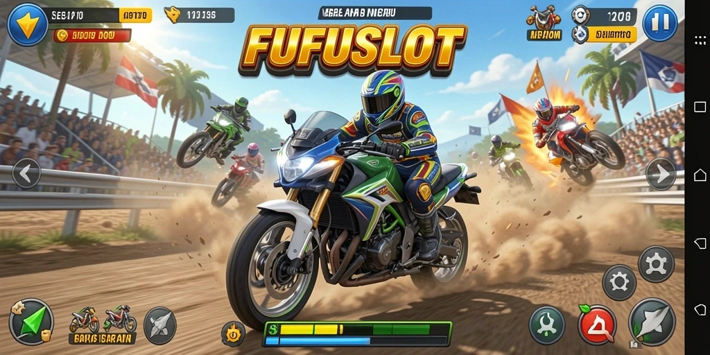 Screenshot FUFUSLOT menampilkan balapan motor yang menegangkan di trek urban.