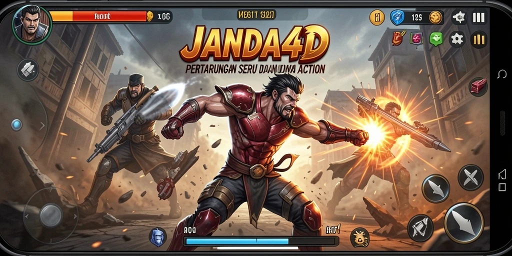 Tampilan screenshot utama JANDA4D menampilkan pertarungan aksi yang mendebarkan.