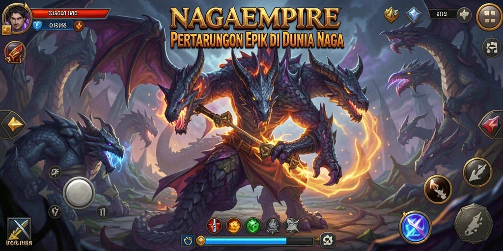 Tampilan pertarungan epik dalam gameplay NAGAEMPIRE dengan karakter yang beraksi.